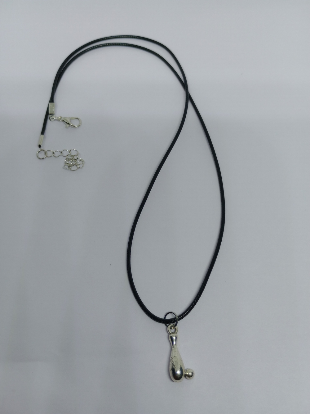 Silver Bowling Pin And Ball Pendant Necklace on Black Cord